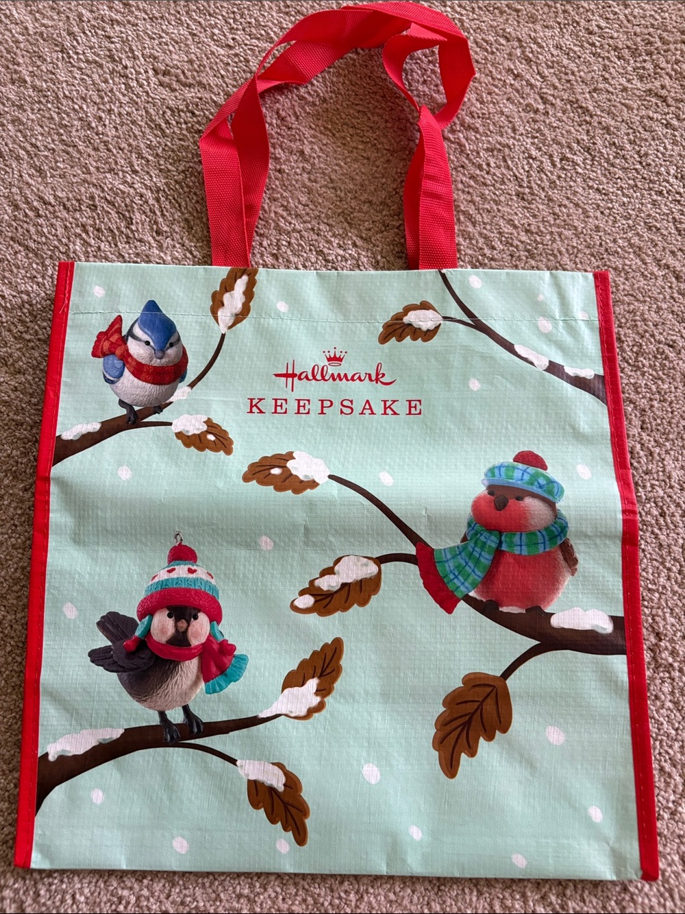 Hallmark Keepsake Bird Tote Bag - Mint & Red Trim